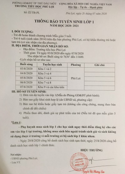 Thông báo kế hoạch tuyển sinh lớp 1 năm học 2020-2021
