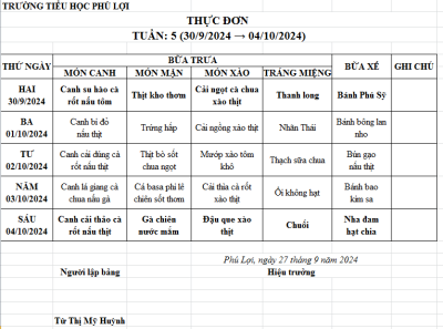 Thực đơn tuần: 6 (7/10/2024-11/10/2024)