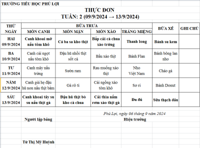 Thực đơn tuần: 7 (14/10/2024-18/10/2024)