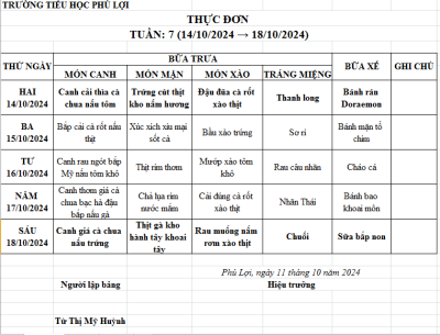 Thực đơn tuần: 7 (14/10/2024-18/10/2024)