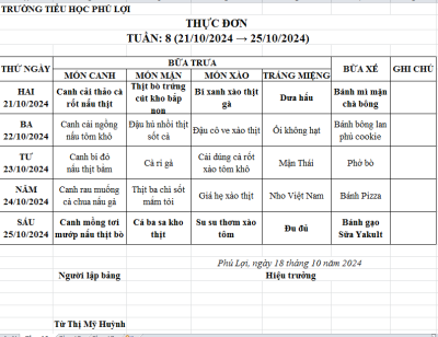 Thực đơn tuần: 9 (28/10/2024-1/11/2024)