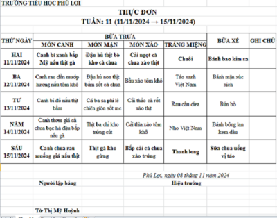 Thực đơn tuần: 12 (18/11/2024-22/11/2024)