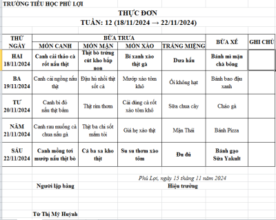 Thực đơn tuần: 12 (18/11/2024-22/11/2024)