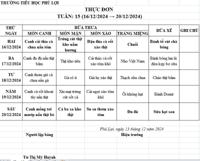 Thực đơn tuần: 15 (16/12/2024-20/12/2024)