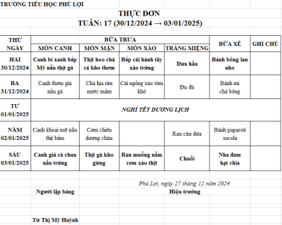 Thực đơn tuần: 17 (30/12/2024-3/1/2025)