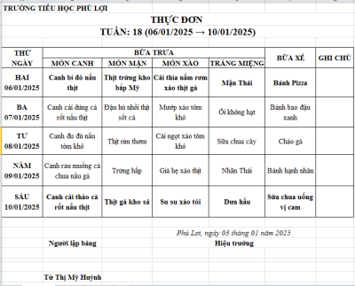 Thực đơn tuần: 18 (6/1/2024-10/1/2025)