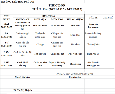 Thực đơn tuần: 19A (20/1/2024-24/1/2025)