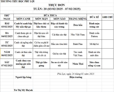 Thực đơn tuần: 22 (17/2/2024-21/2/2025)