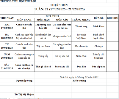 Thực đơn tuần: 22 (17/2/2024-21/2/2025)