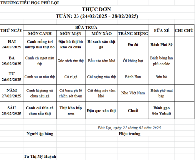 Thực đơn tuần: 27 (24/3/2024-28/3/2025)