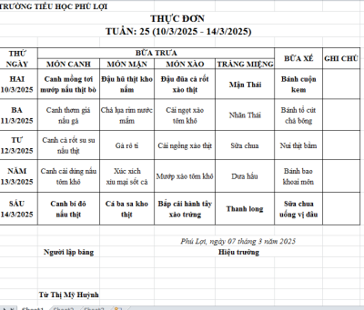 Thực đơn tuần: 27 (24/3/2024-28/3/2025)