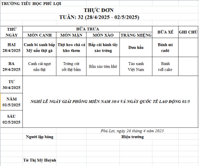 Thực đơn tuần: 32 (28/4/2024-2/5/2025)