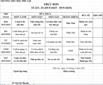 Thực đơn tuần: 33 (5/5/2024-9/5/2025)