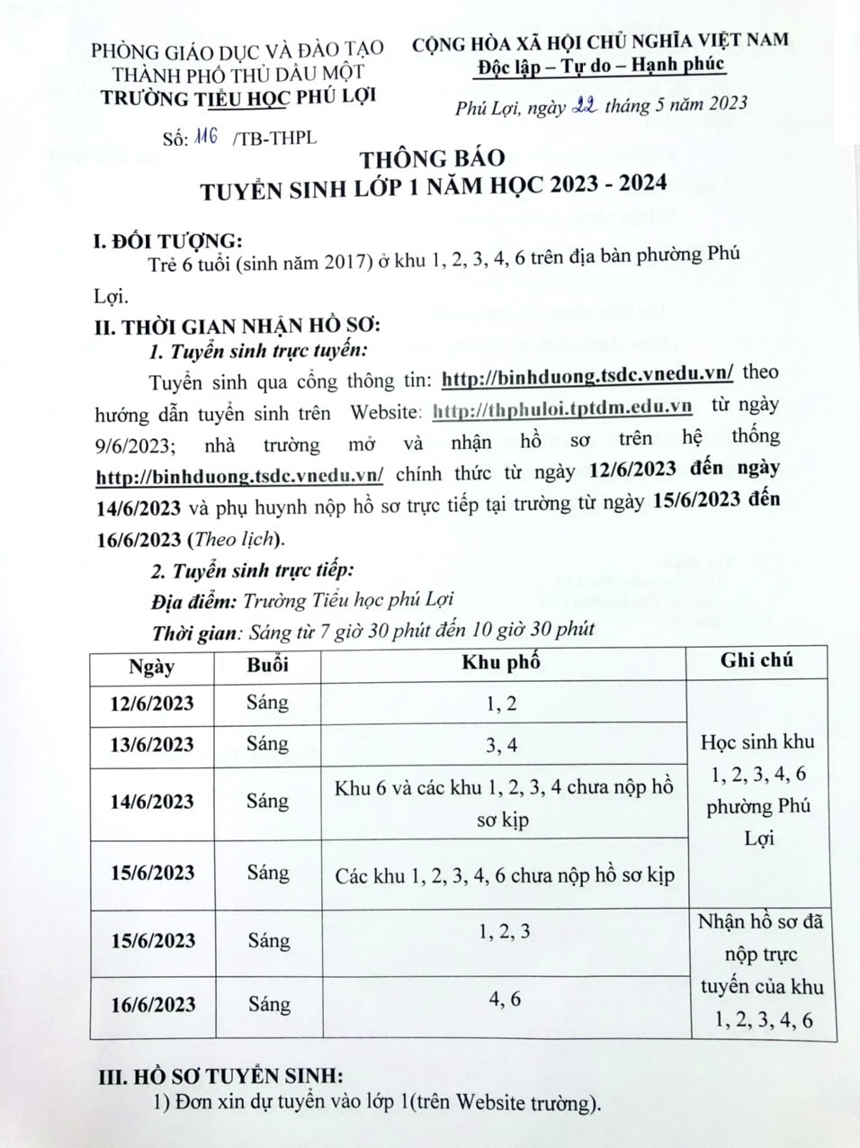Thông báo tuyển sinh lớp 1 năm học 2023-2024
