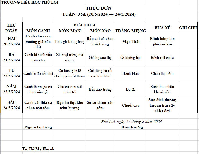 Thực đơn tuần: 35A (20/5/2024-24/5/2024)