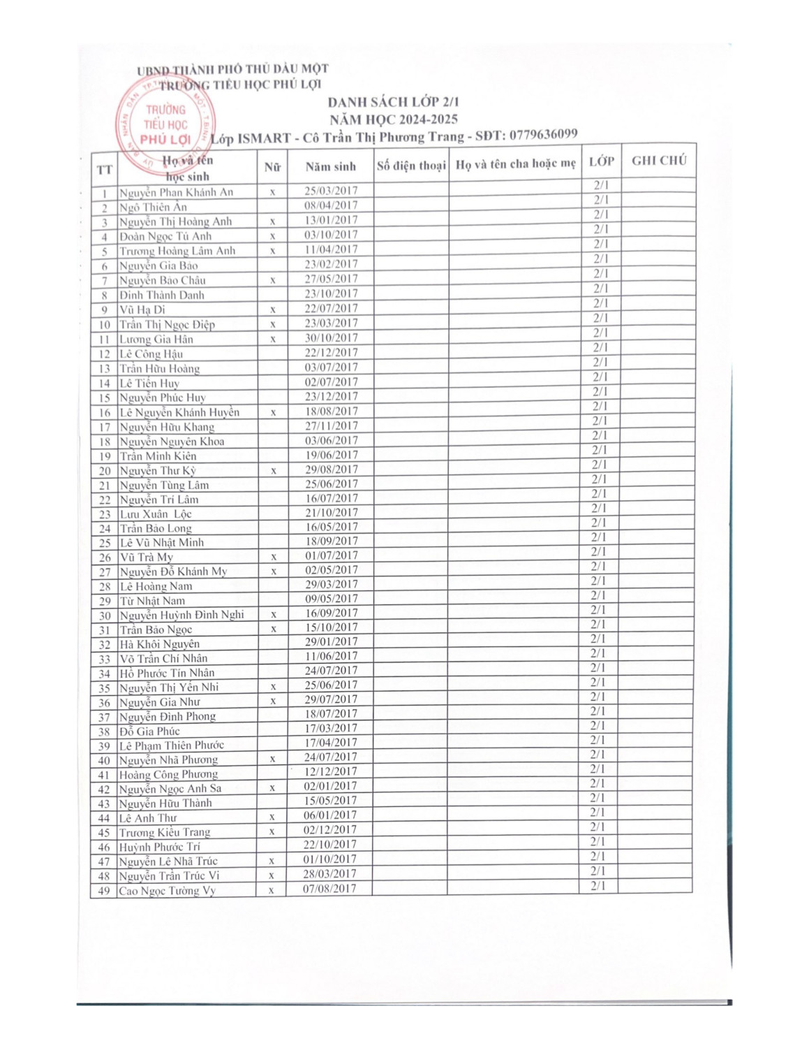 Danh sách lớp 2 (năm học 2024 2025) page 0001