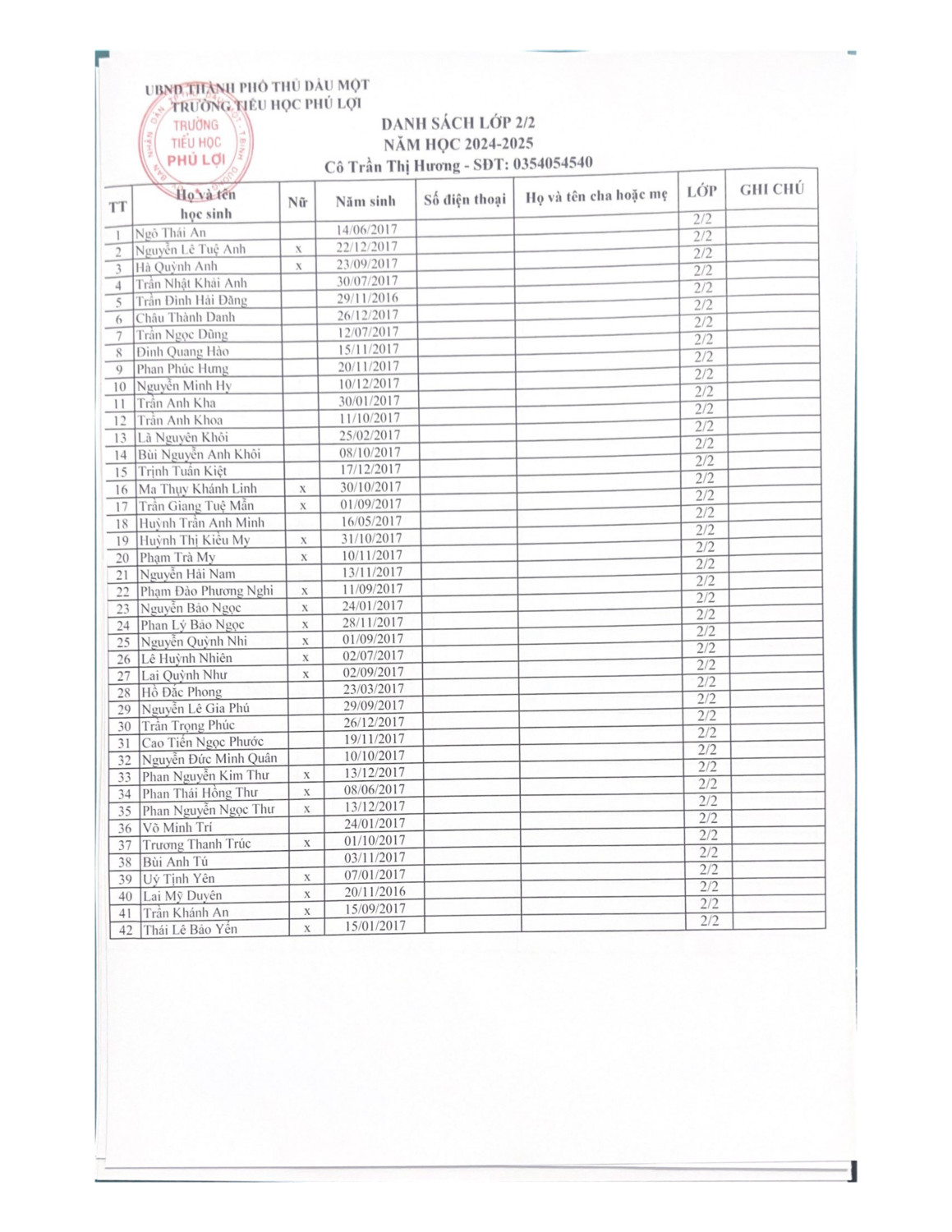 Danh sách lớp 2 (năm học 2024 2025) page 0002