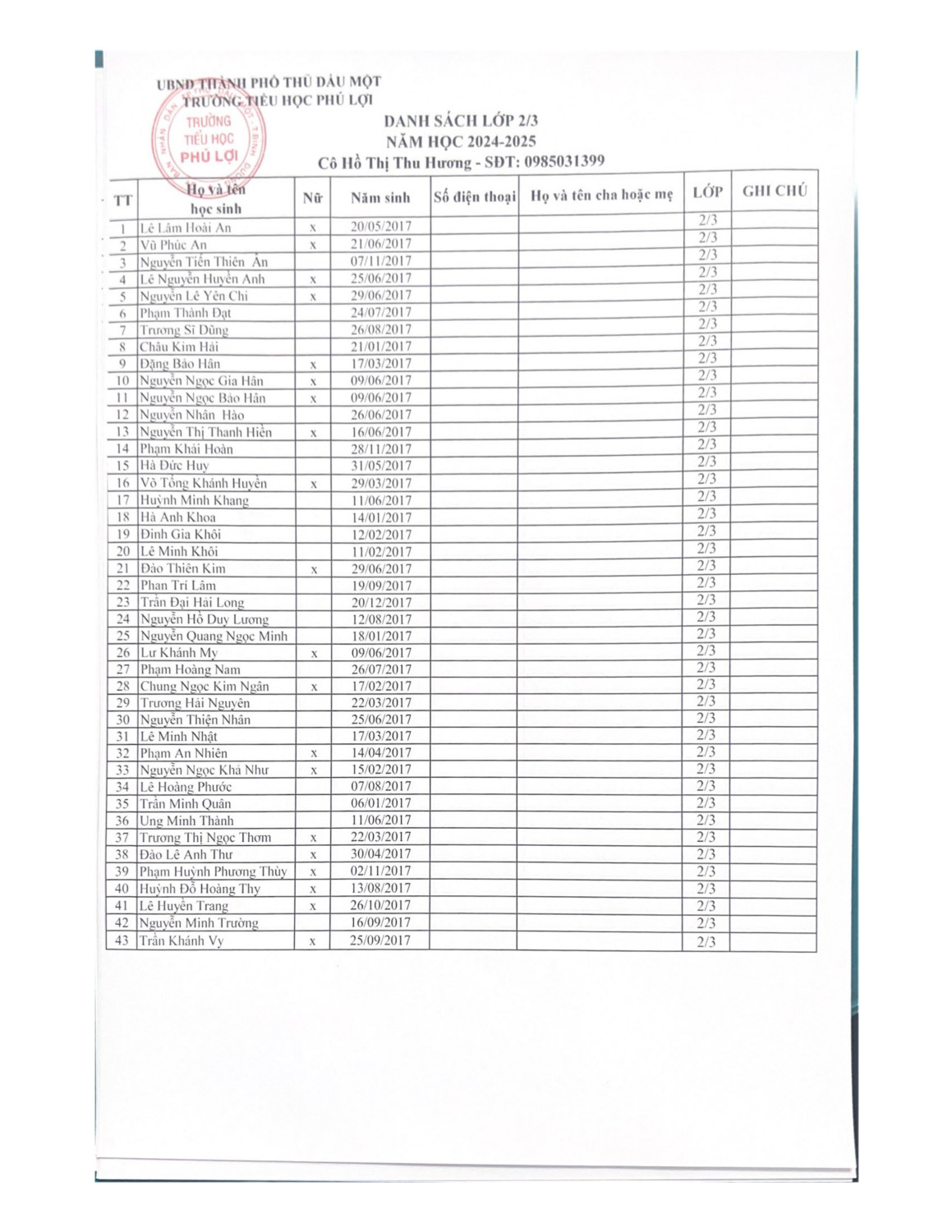 Danh sách lớp 2 (năm học 2024 2025) page 0003