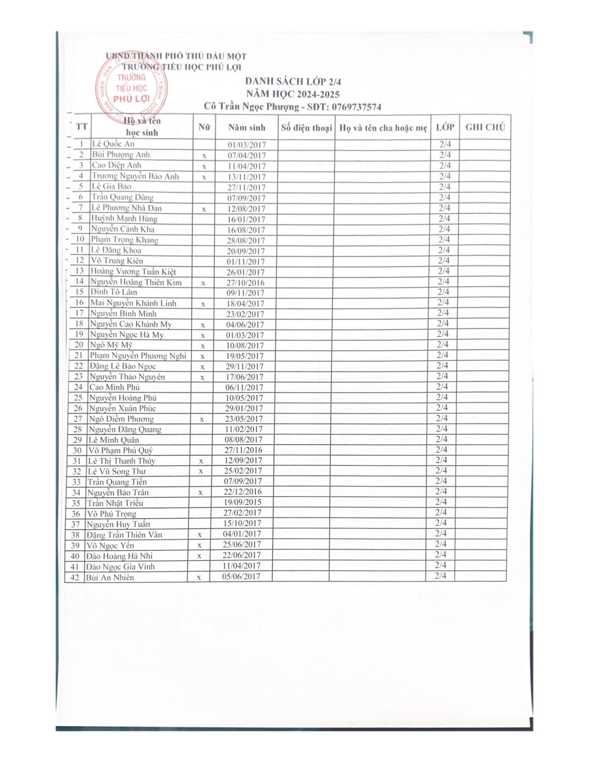 Danh sách lớp 2 (năm học 2024 2025) page 0004