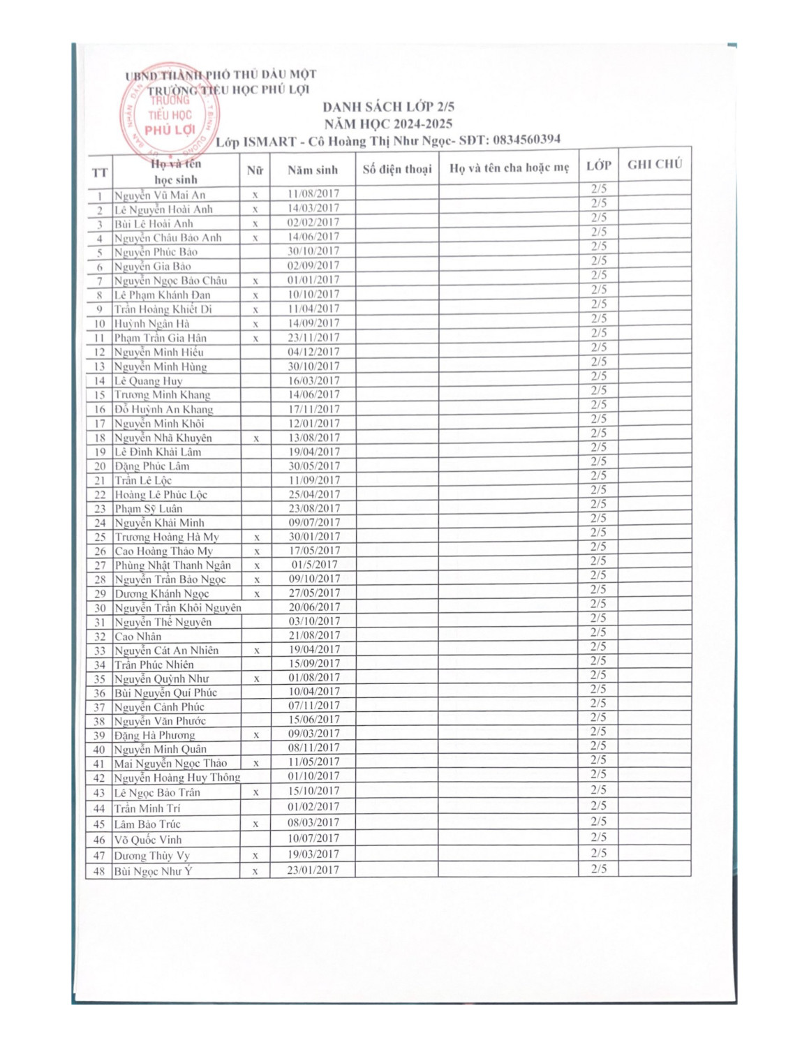 Danh sách lớp 2 (năm học 2024 2025) page 0005