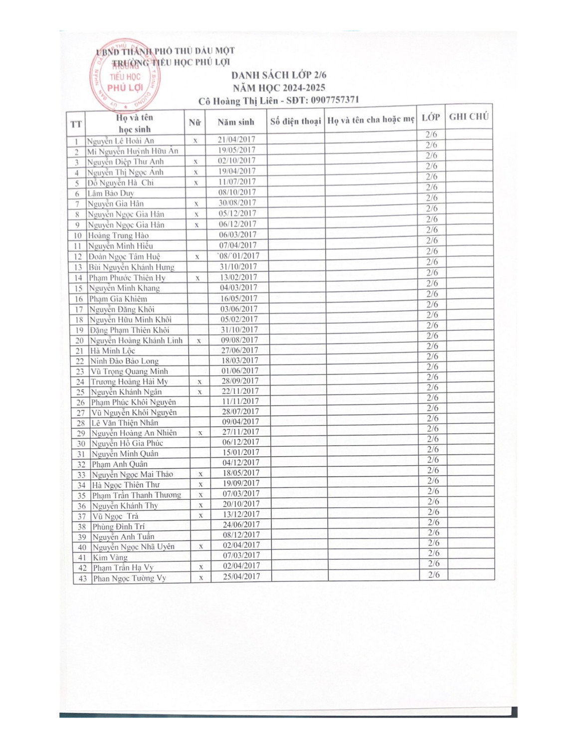 Danh sách lớp 2 (năm học 2024 2025) page 0006