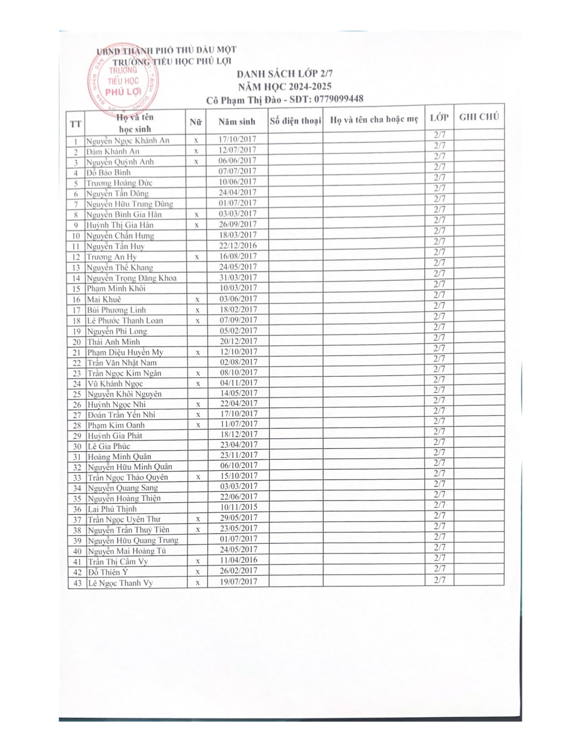 Danh sách lớp 2 (năm học 2024 2025) page 0007