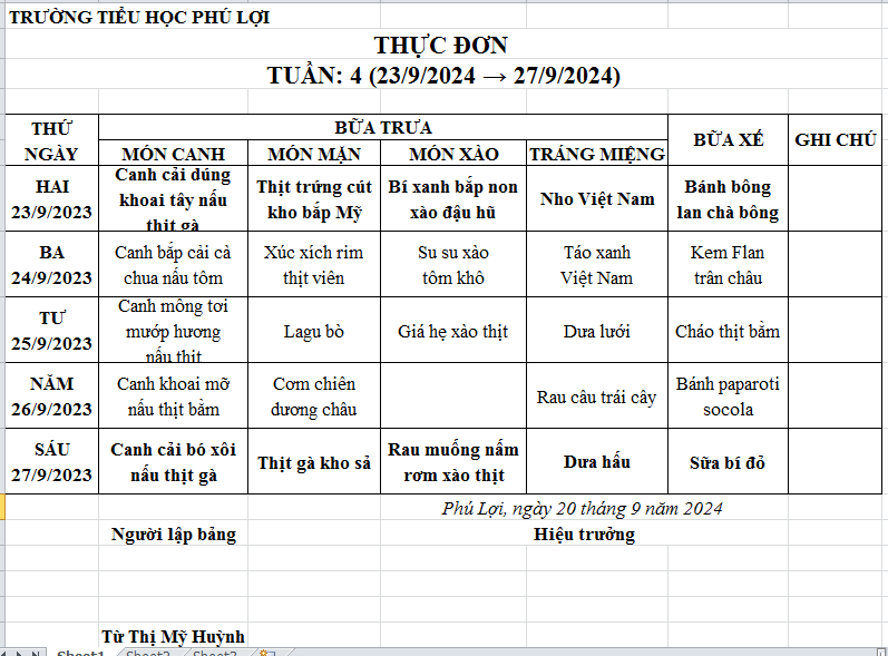 Thực đơn tuần: 4 (23/09/2024-27/09/2024)