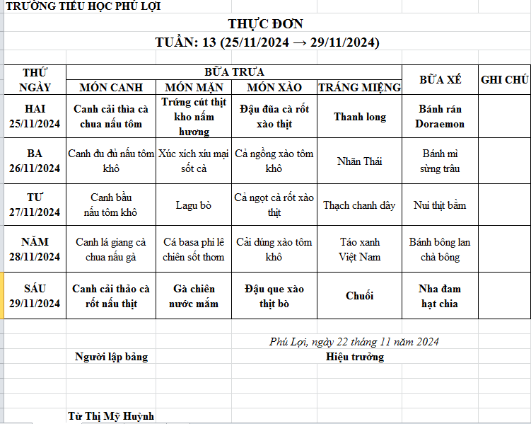 Thực đơn tuần: 13 (25/11/2024-29/11/2024)