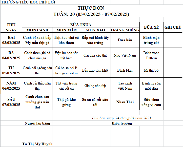 Thực đơn tuần: 20 (3/2/2024-7/2/2025)