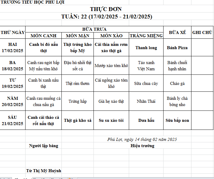 Thực đơn tuần: 22 (17/2/2024-21/2/2025)