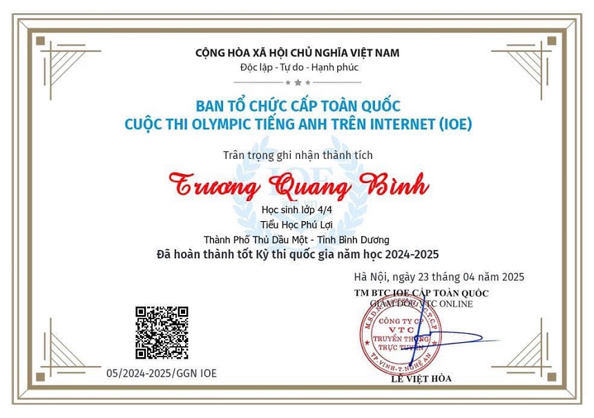 Kết quả cuộc thi Ioe cấp quốc gia học sinh trường Tiểu học Phú Lợi năm học 2024 – 2025