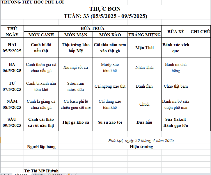 Thực đơn tuần: 33 (5/5/2024-9/5/2025)