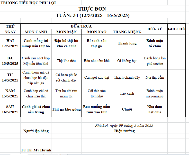 Thực đơn tuần: 34 (12/5/2024-16/5/2025)